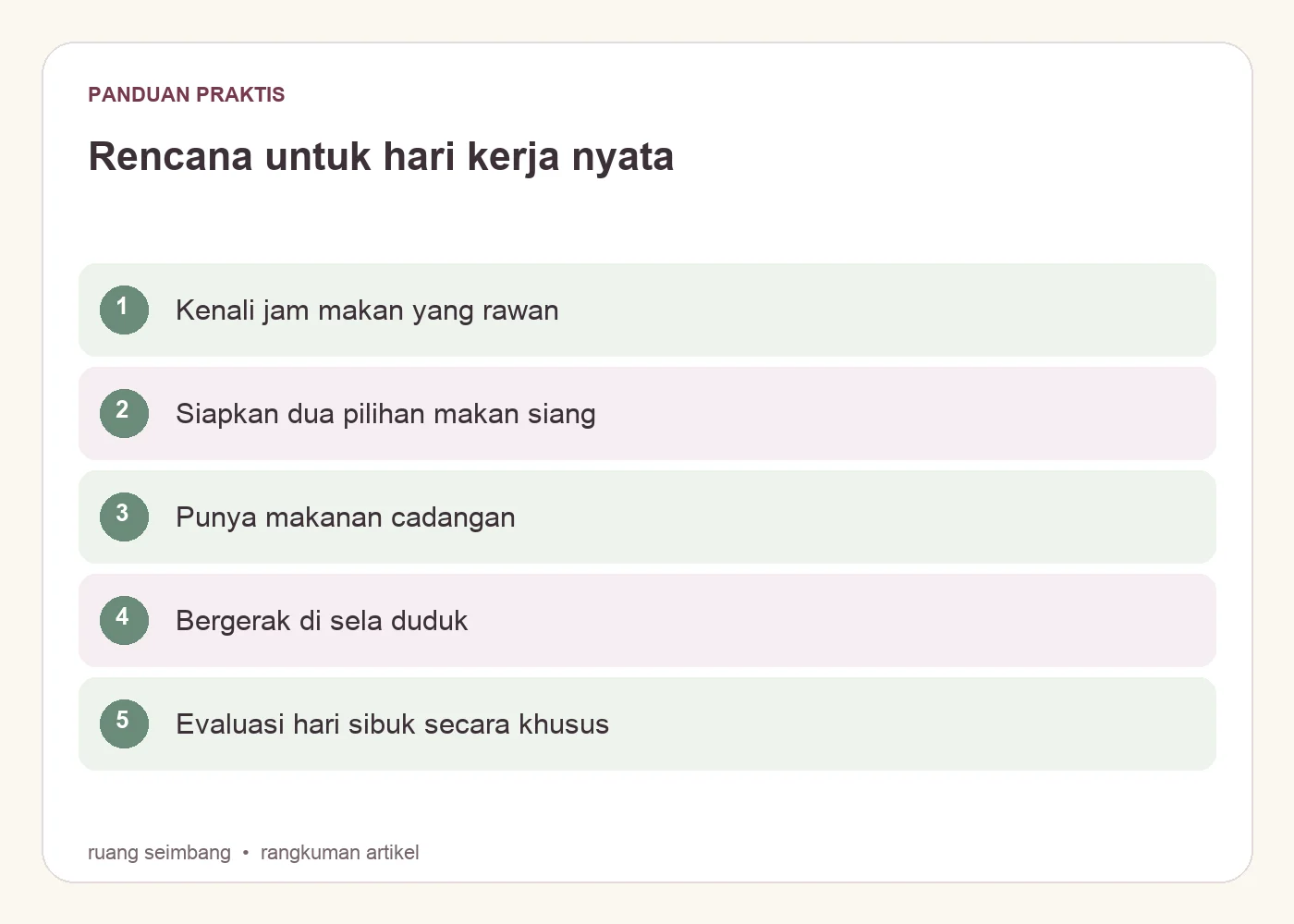 Rencana untuk hari kerja nyata. Kenali jam makan yang rawan. Siapkan dua pilihan makan siang. Punya makanan cadangan. Bergerak di sela duduk. Evaluasi hari sibuk secara khusus