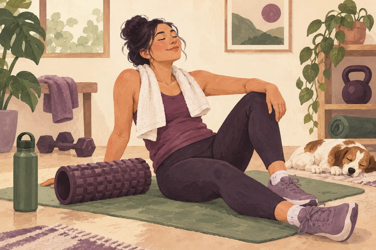 Ilustrasi pemula beristirahat setelah latihan dengan handuk dan matras