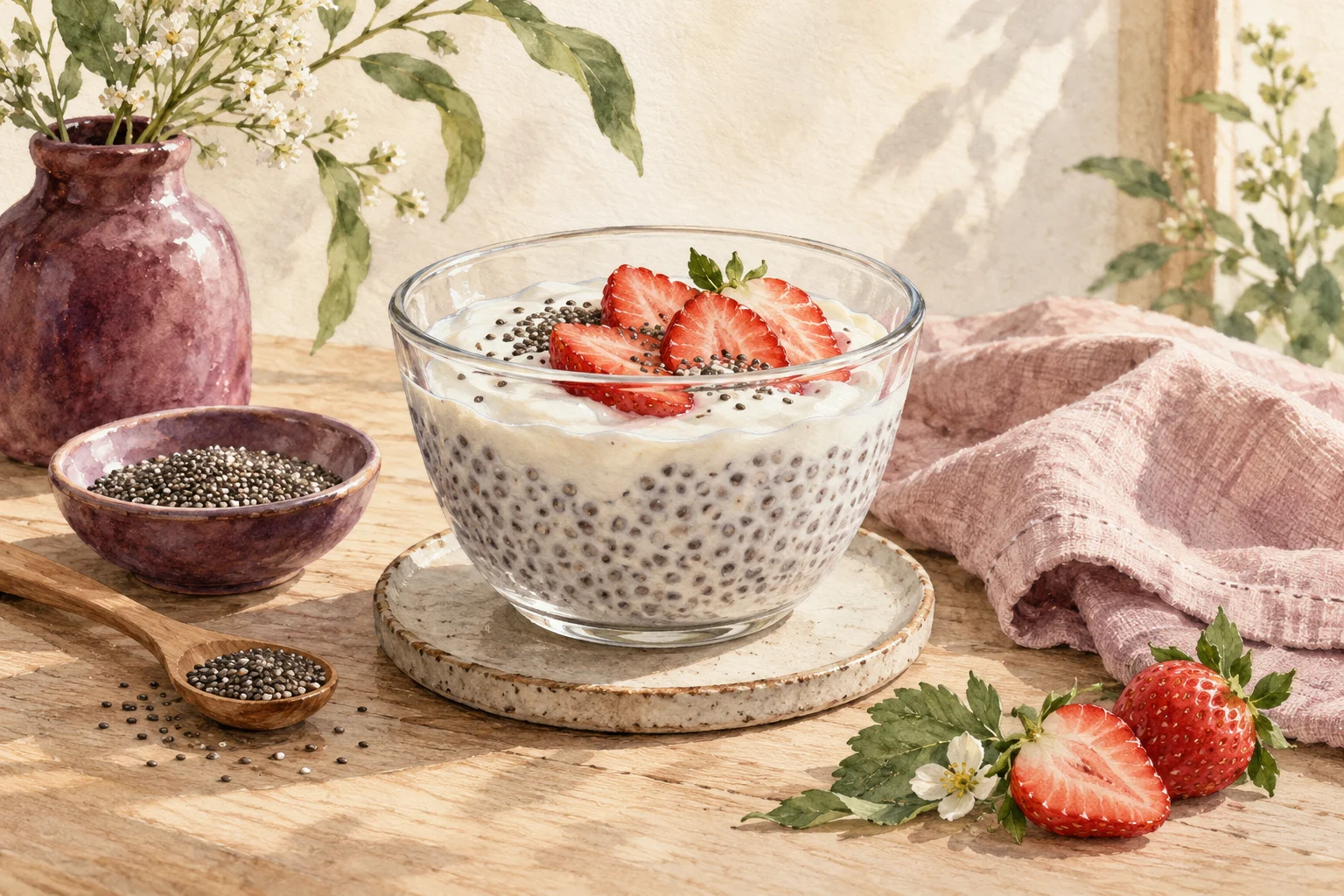 Chia seed terhidrasi dalam yoghurt dengan stroberi dan biji chia di piring kecil