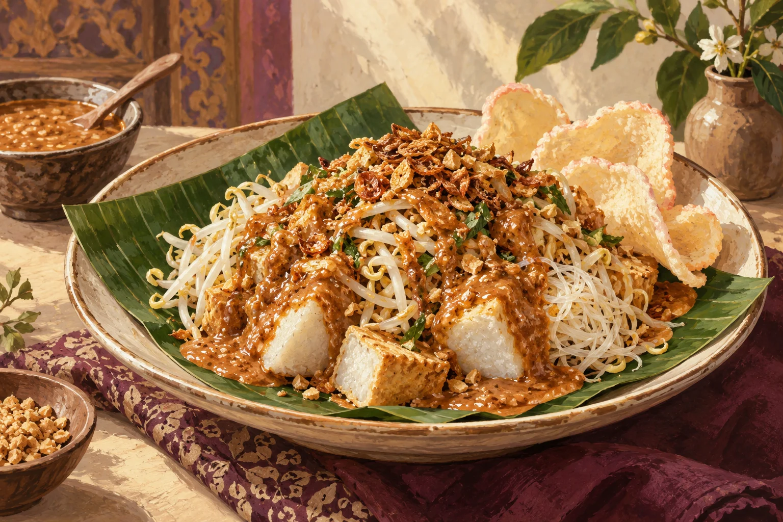 Ilustrasi ketoprak dengan tahu lontong tauge bihun dan bumbu kacang