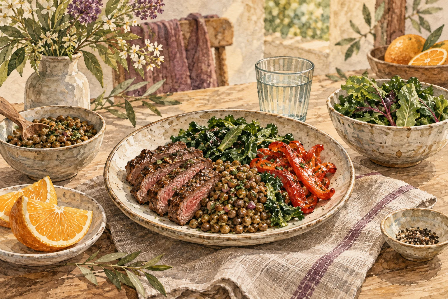 Ilustrasi makanan sumber zat besi dengan buah dan sayur pendamping.
