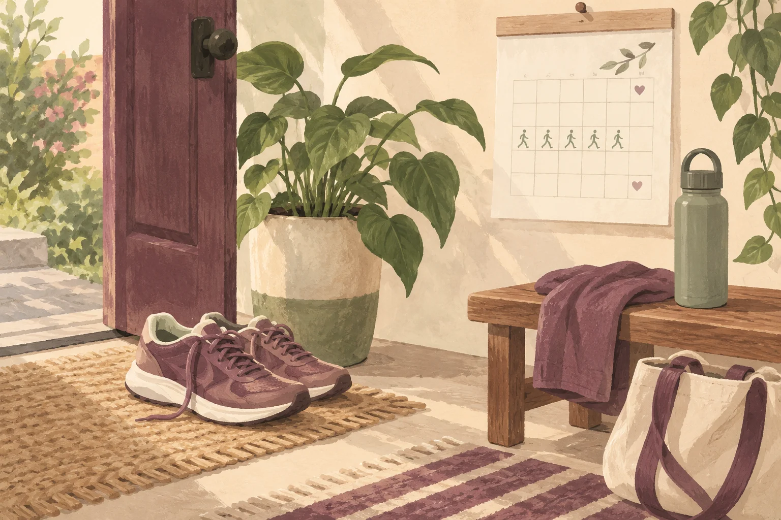 Ilustrasi sepatu olahraga diletakkan kembali di dekat pintu