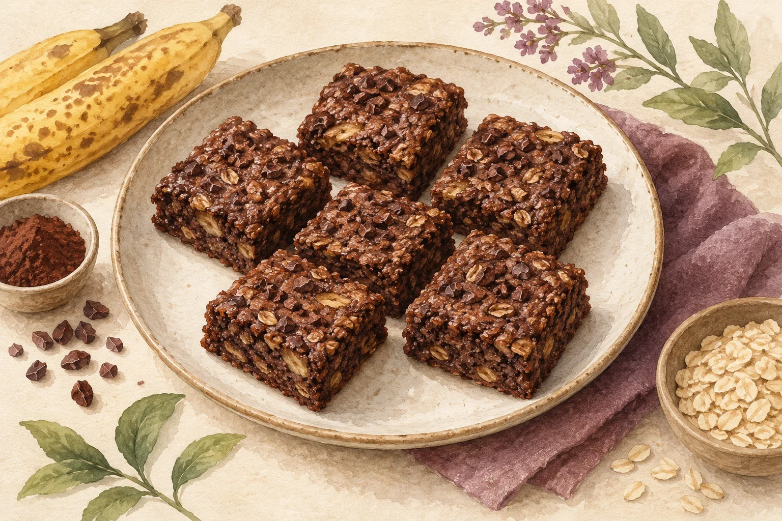 Ilustrasi watercolor brownies oatmeal pisang untuk camilan cokelat