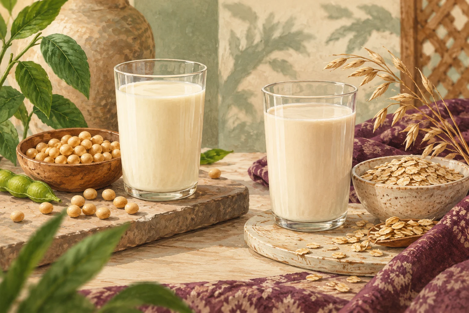 Ilustrasi susu kedelai dan oat milk bersama bahan dasarnya
