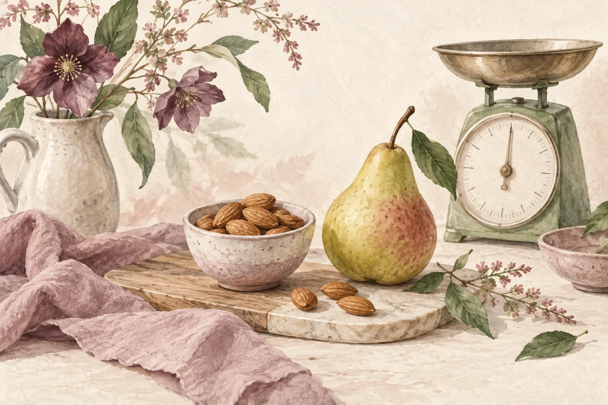 Ilustrasi buah, kacang, dan timbangan dapur untuk mempelajari ukuran porsi.