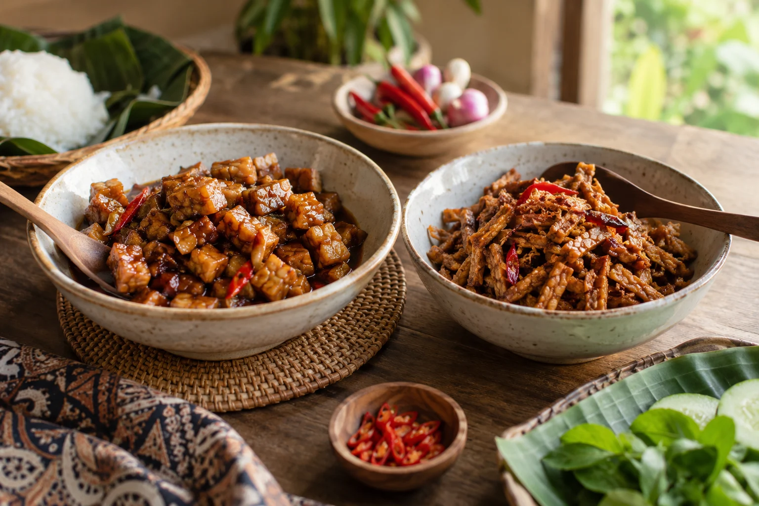 Tempe orek basah dan kering dalam dua mangkuk kecil