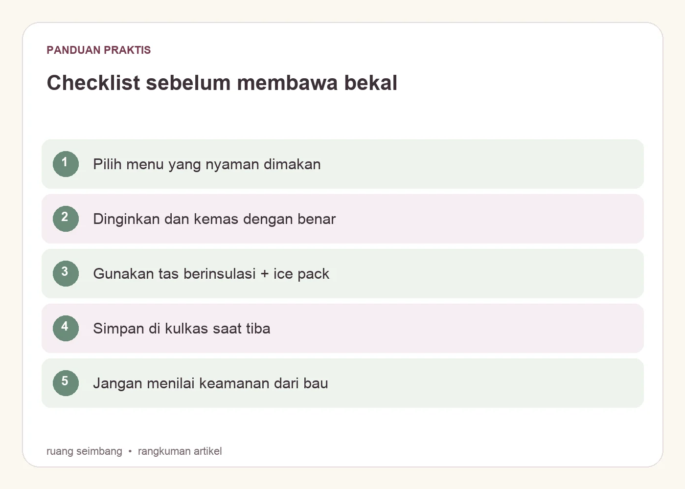 Checklist sebelum membawa bekal. Pilih menu yang nyaman dimakan. Dinginkan dan kemas dengan benar. Gunakan tas berinsulasi + ice pack. Simpan di kulkas saat tiba. Jangan menilai keamanan dari bau