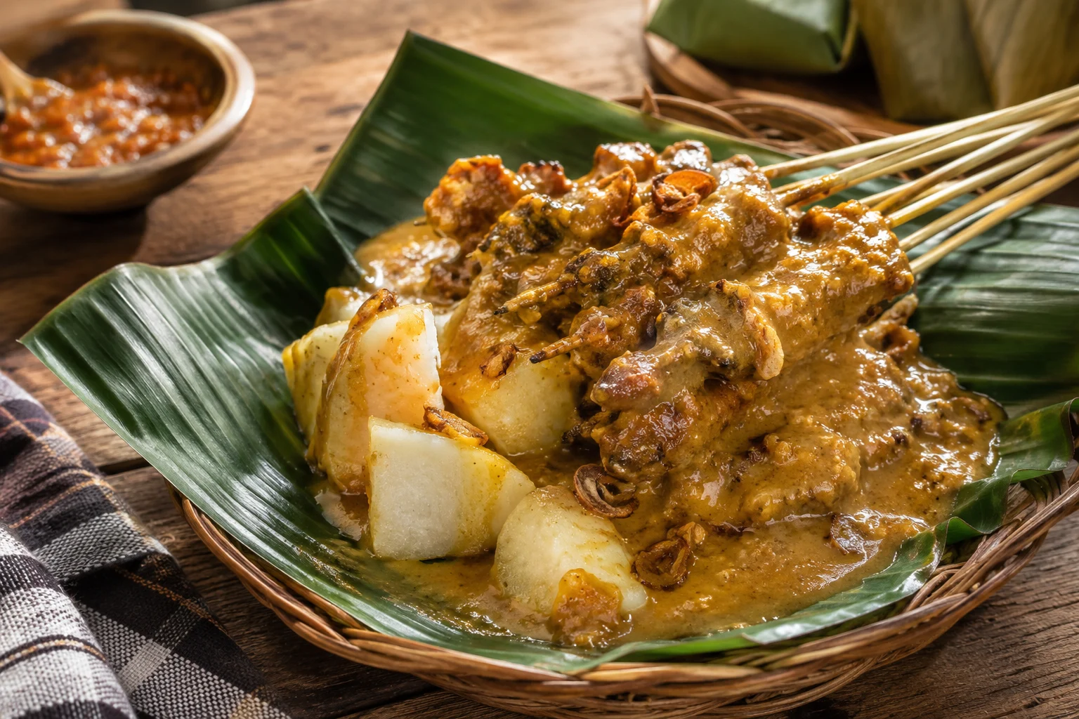 Sate Padang berkuah kental dengan potongan lontong di atas daun pisang