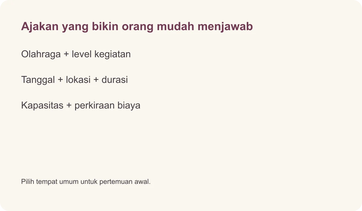 Ajakan yang bikin orang mudah menjawab · Olahraga + level kegiatan · Tanggal + lokasi + durasi · Kapasitas + perkiraan biaya · Pilih tempat umum untuk pertemuan awal.