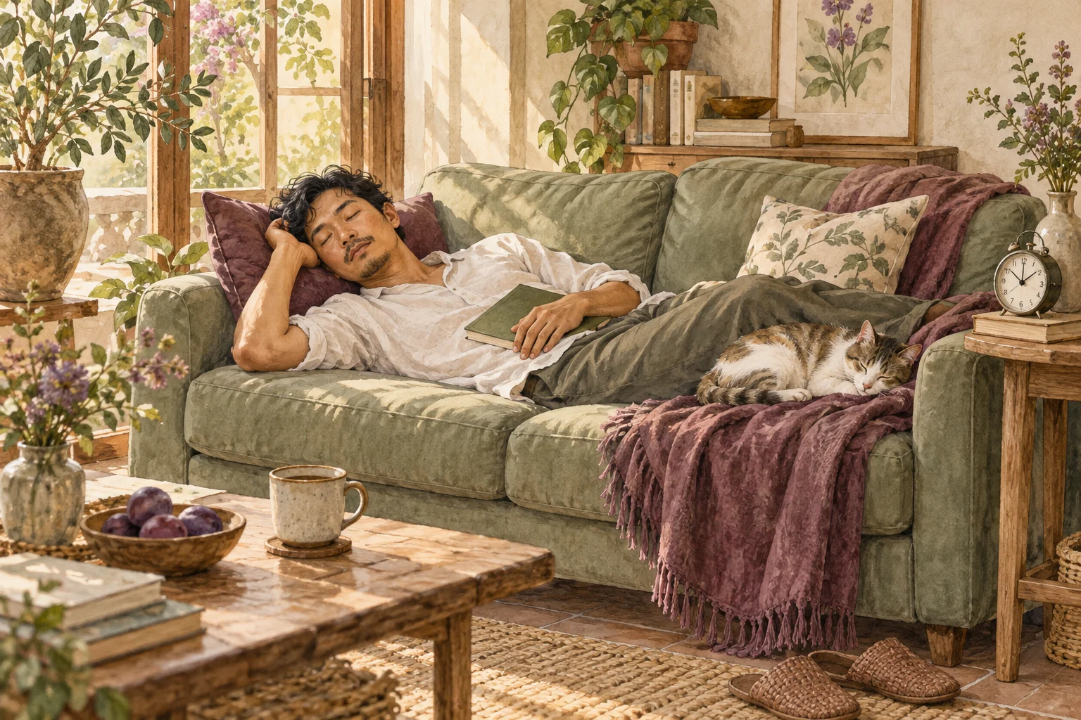 Ilustrasi watercolor istirahat siang singkat di sofa.