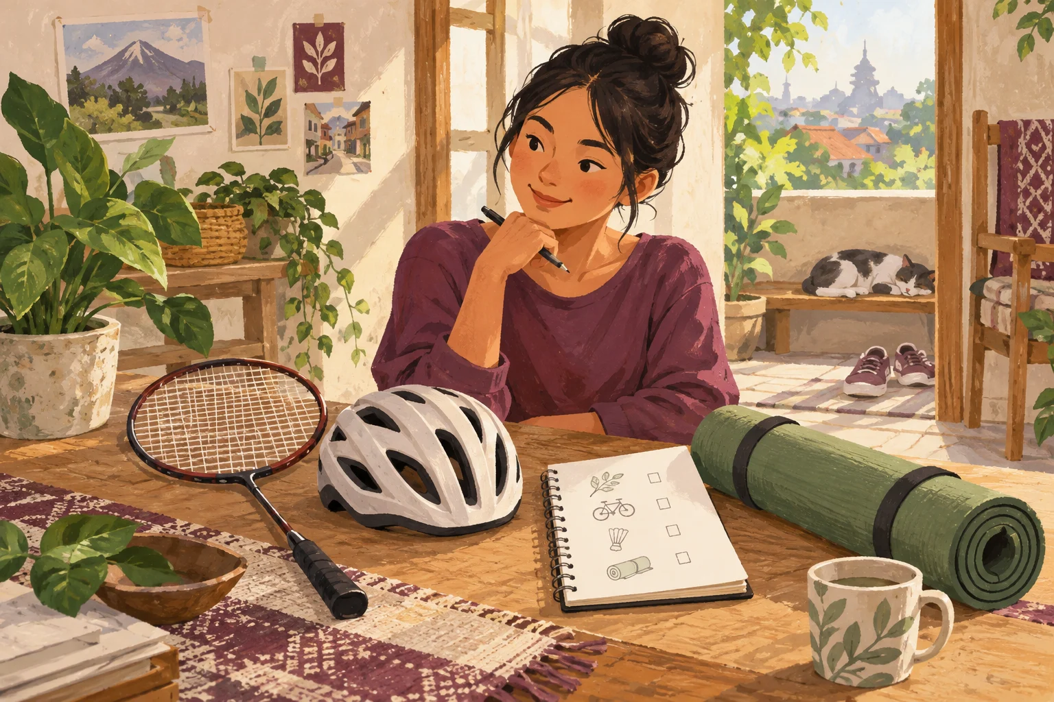 Ilustrasi seseorang menata dana hobi di antara raket dan sepatu