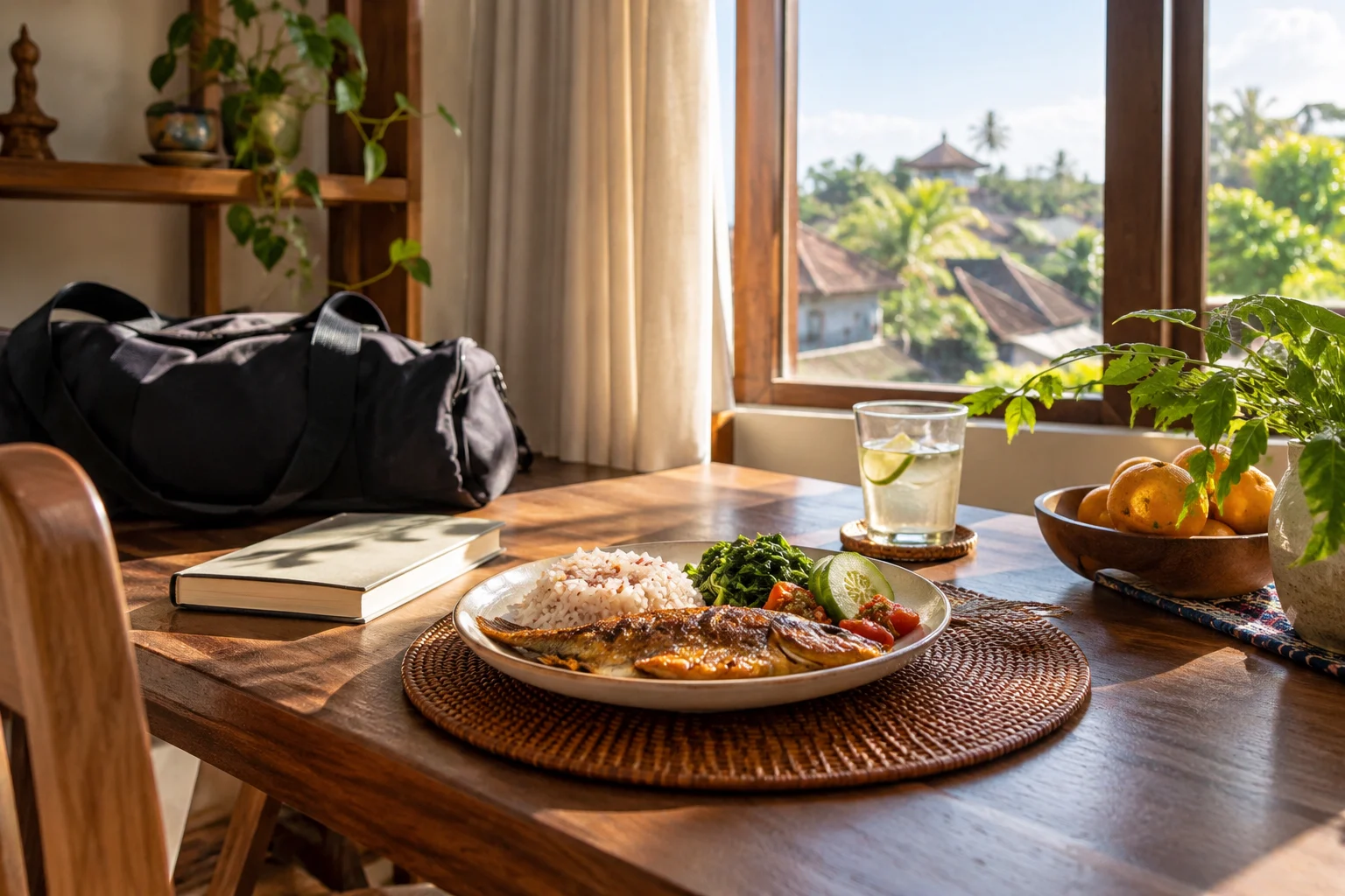 Makan siang dengan ikan, nasi, dan sayuran di samping tas olahraga tertutup