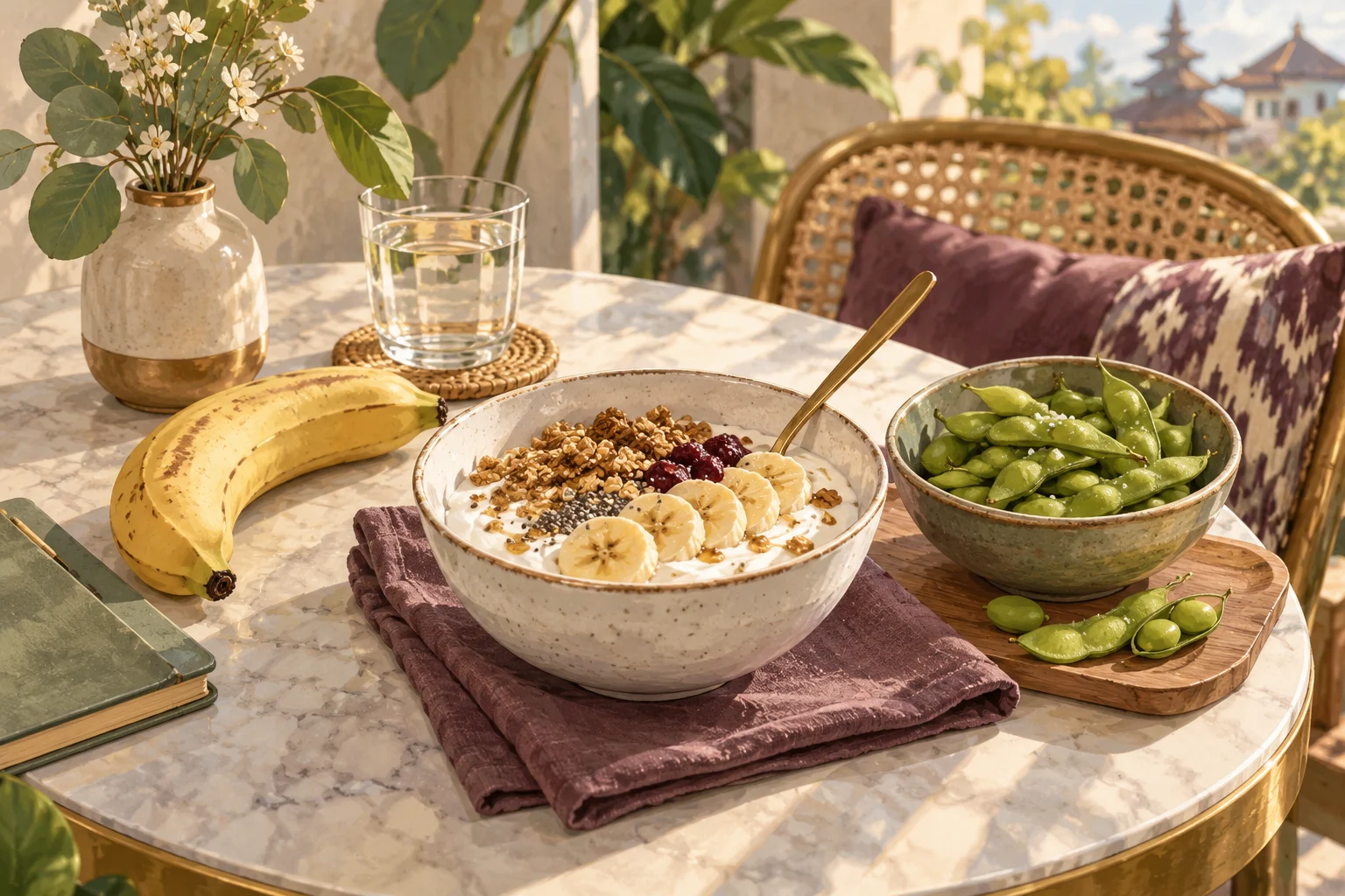Ilustrasi yogurt, pisang, dan edamame sebagai selingan sore