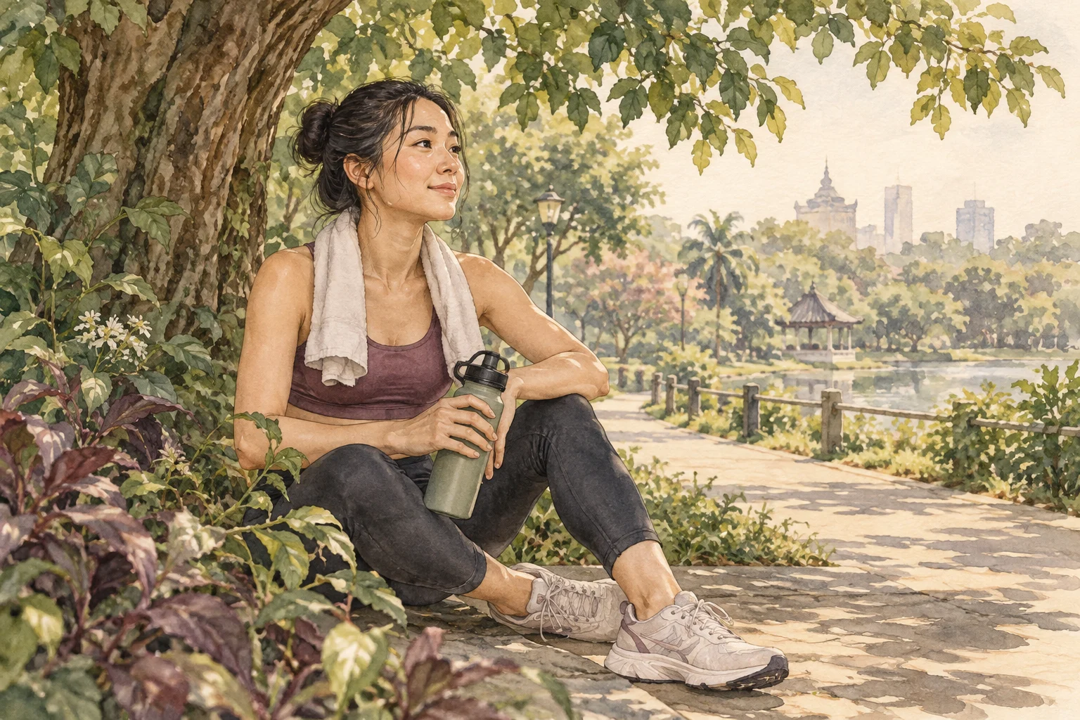 Ilustrasi watercolor olahraga di luar ruangan saat cuaca hangat.