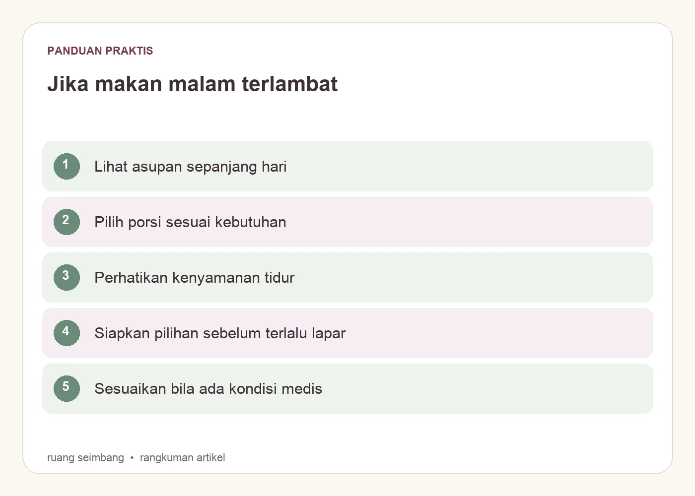 Jika makan malam terlambat. Lihat asupan sepanjang hari. Pilih porsi sesuai kebutuhan. Perhatikan kenyamanan tidur. Siapkan pilihan sebelum terlalu lapar. Sesuaikan bila ada kondisi medis