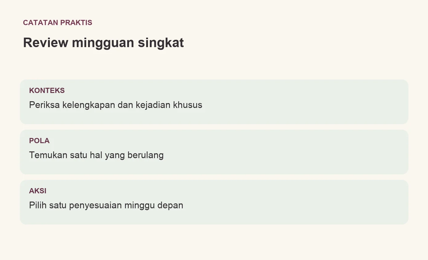 Review mingguan singkat. KONTEKS: Periksa kelengkapan dan kejadian khusus. POLA: Temukan satu hal yang berulang. AKSI: Pilih satu penyesuaian minggu depan