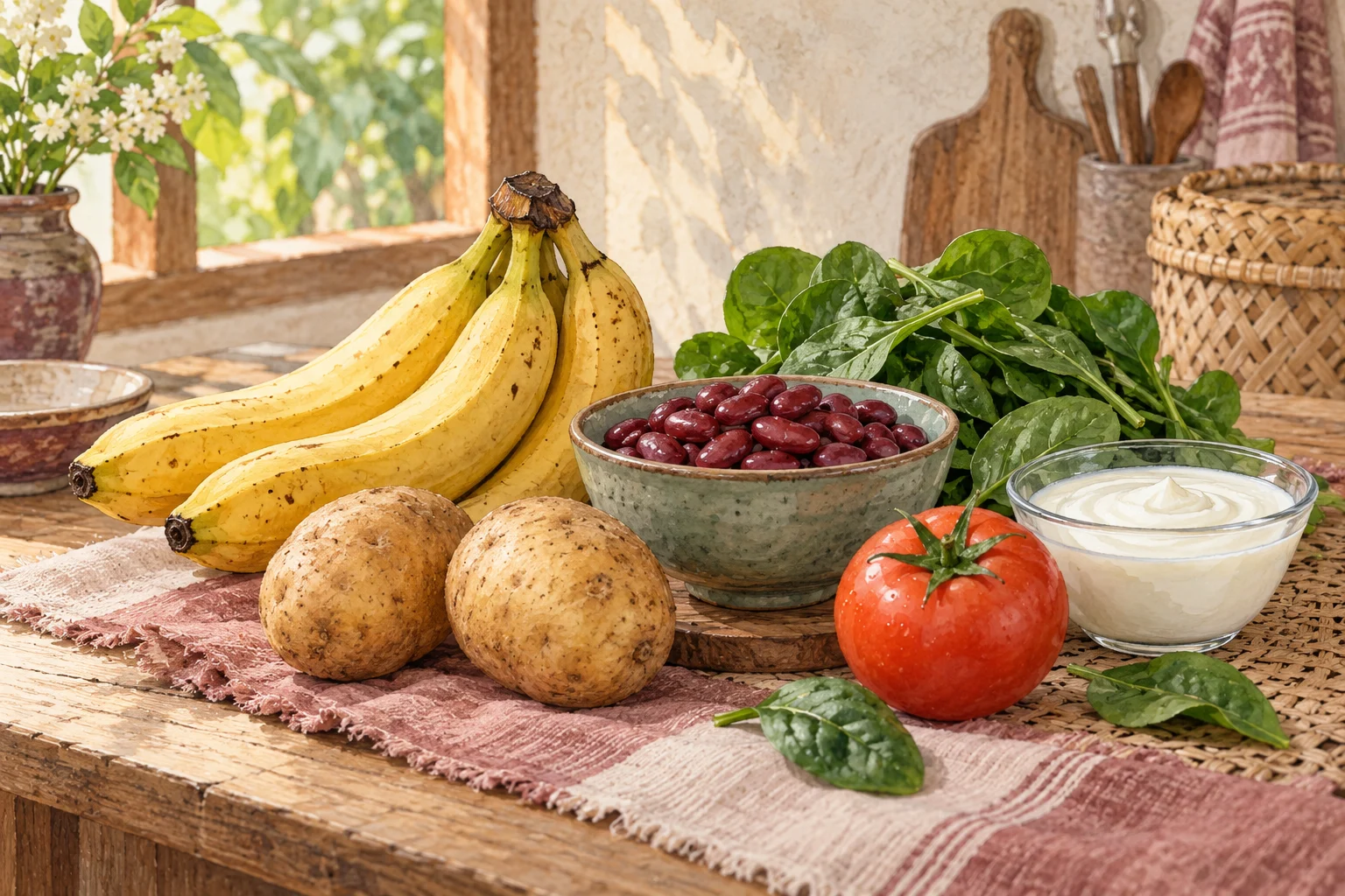 Pisang, kentang, tomat, kacang merah, bayam, dan yoghurt sebagai variasi sumber kalium