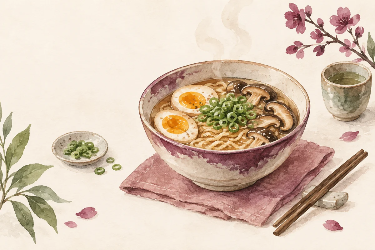 Ilustrasi kalori ramen dengan nuansa krem, plum, dan sage