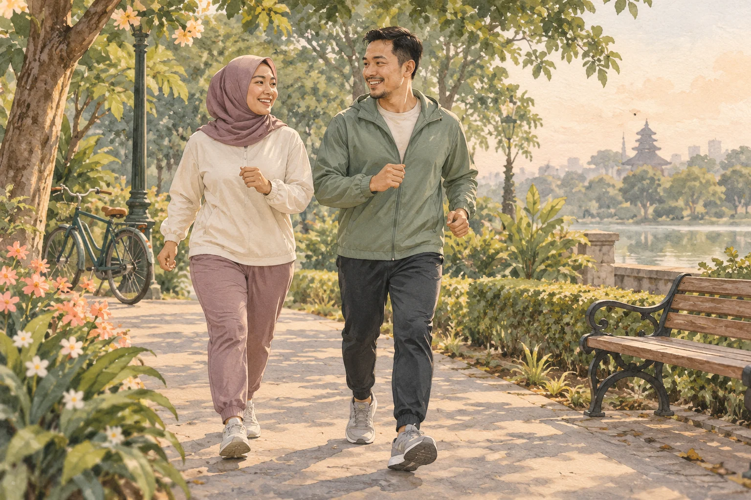 Ilustrasi dua orang dewasa berjalan di taman dengan pakaian olahraga