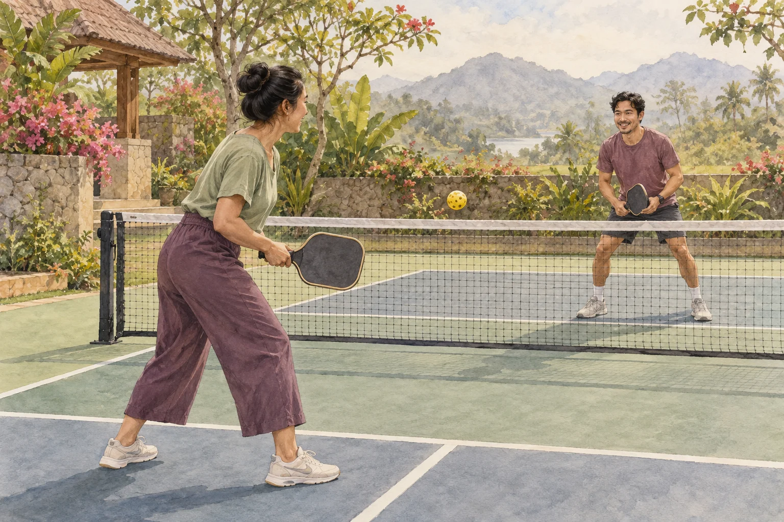 Dua teman berlatih pickleball dengan paddle dan net di lapangan luar ruang