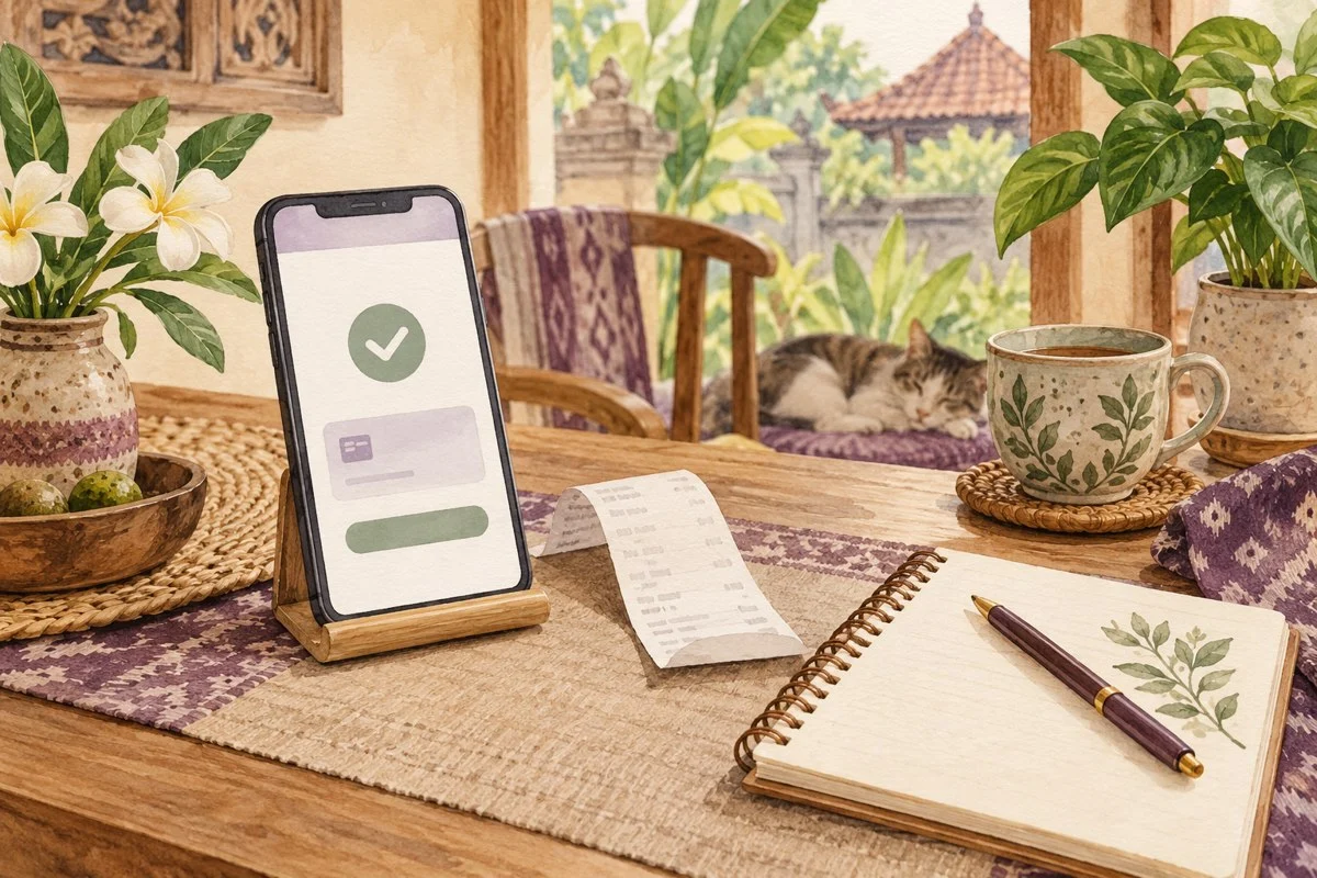 Ilustrasi ponsel pembayaran QRIS, uang tunai, dan catatan belanja