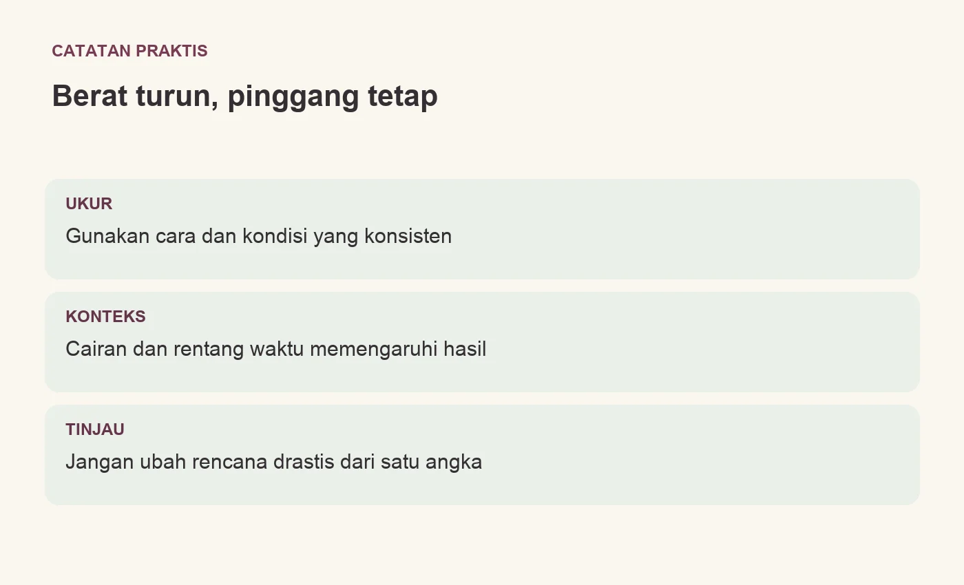 Berat turun, pinggang tetap. UKUR: Gunakan cara dan kondisi yang konsisten. KONTEKS: Cairan dan rentang waktu memengaruhi hasil. TINJAU: Jangan ubah rencana drastis dari satu angka