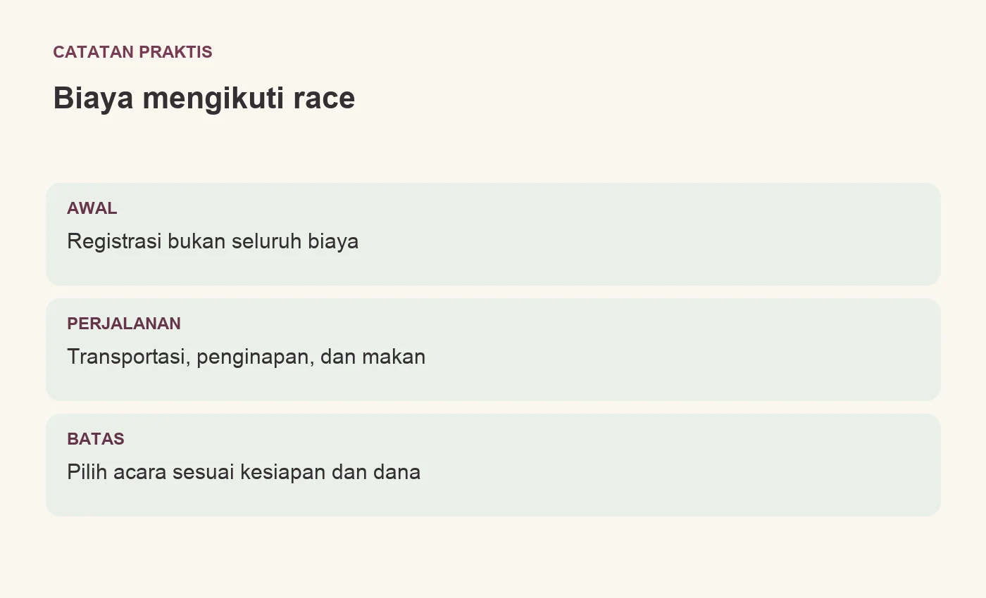 Biaya mengikuti race. AWAL: Registrasi bukan seluruh biaya. PERJALANAN: Transportasi, penginapan, dan makan. BATAS: Pilih acara sesuai kesiapan dan dana