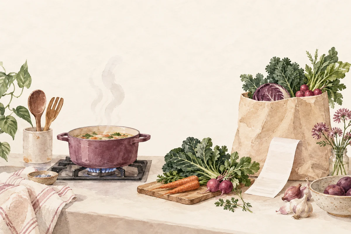 Ilustrasi masak sendiri lebih hemat? masukkan gas, listrik, dan bahan tersisa dengan nuansa krem, plum, dan sage