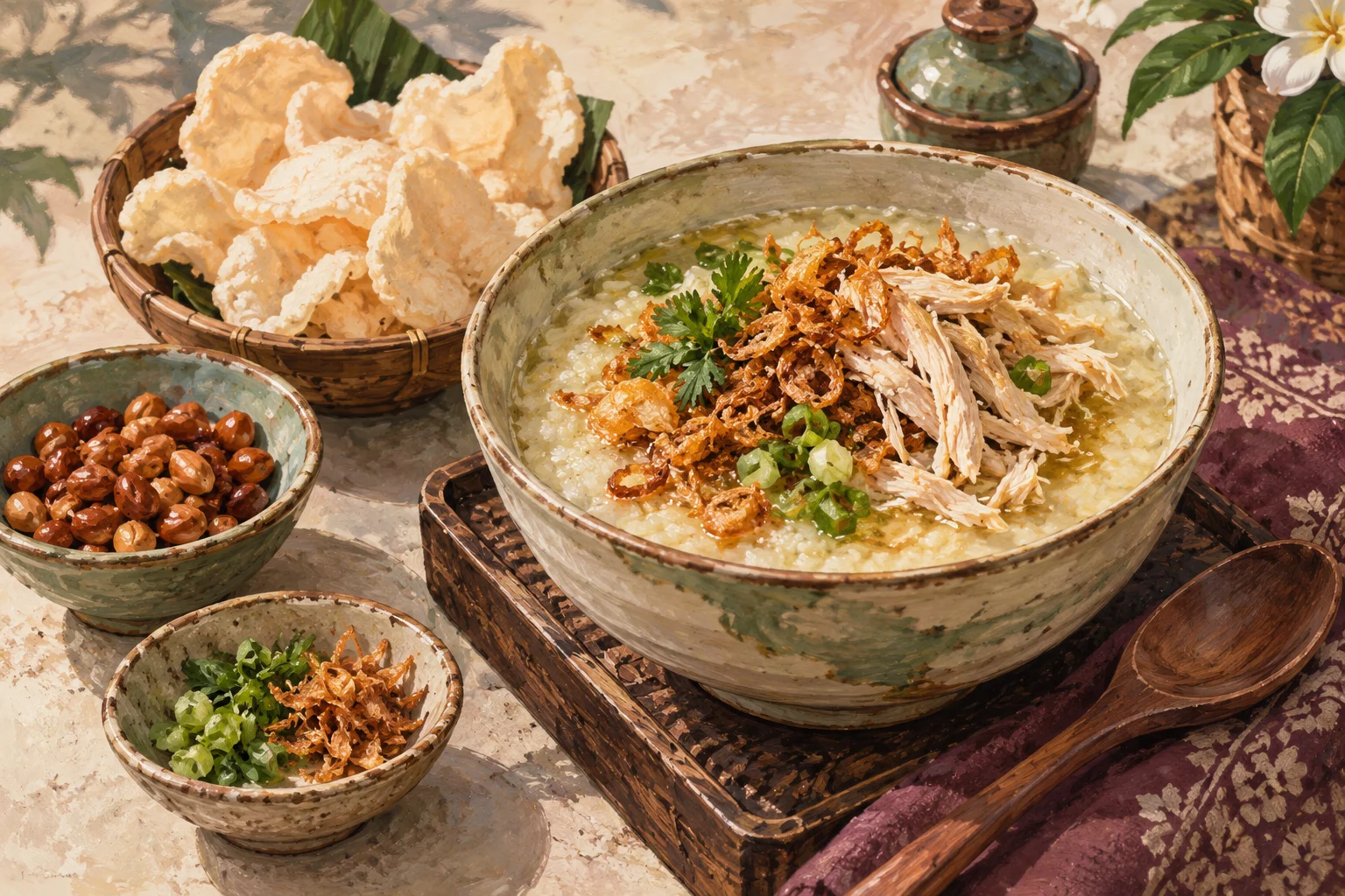 Ilustrasi bubur ayam dengan kerupuk dan kacang disajikan terpisah