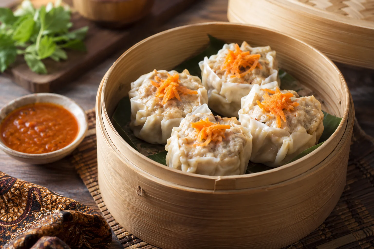 Empat dimsum ayam kukus dalam kukusan bambu dengan saus terpisah