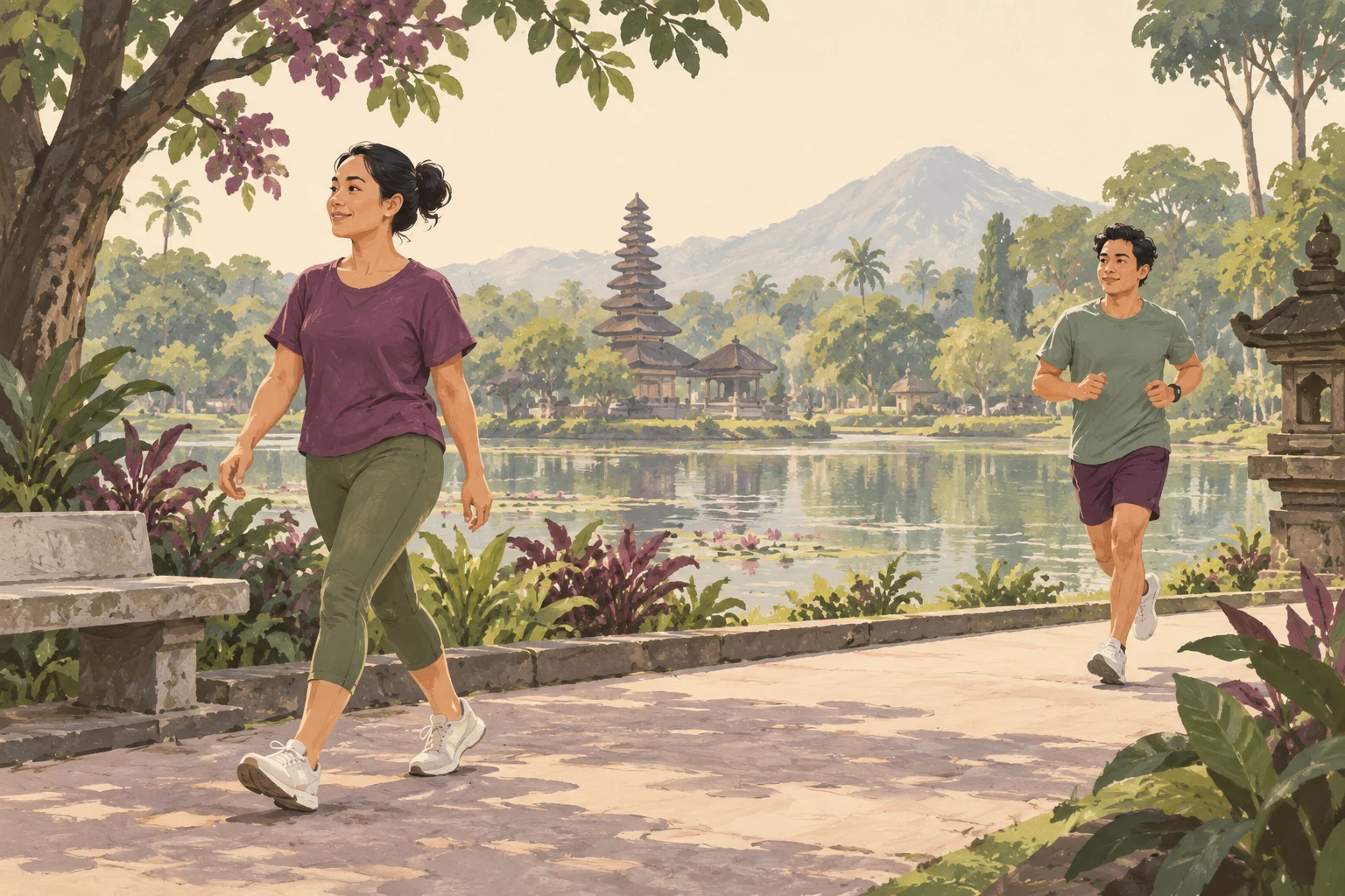 Ilustrasi dua orang berjalan cepat dan berlari pelan di taman
