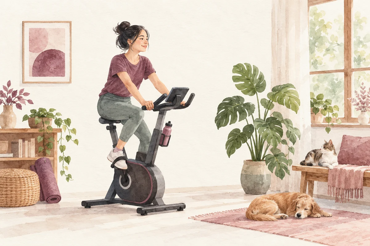 Ilustrasi sepeda statis untuk pemula dengan nuansa krem, plum, dan sage