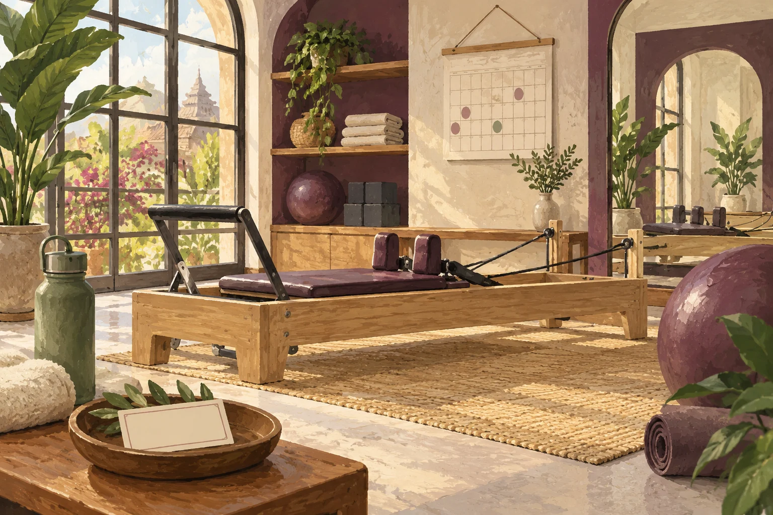Ilustrasi studio Pilates dengan kalender kelas dan catatan biaya