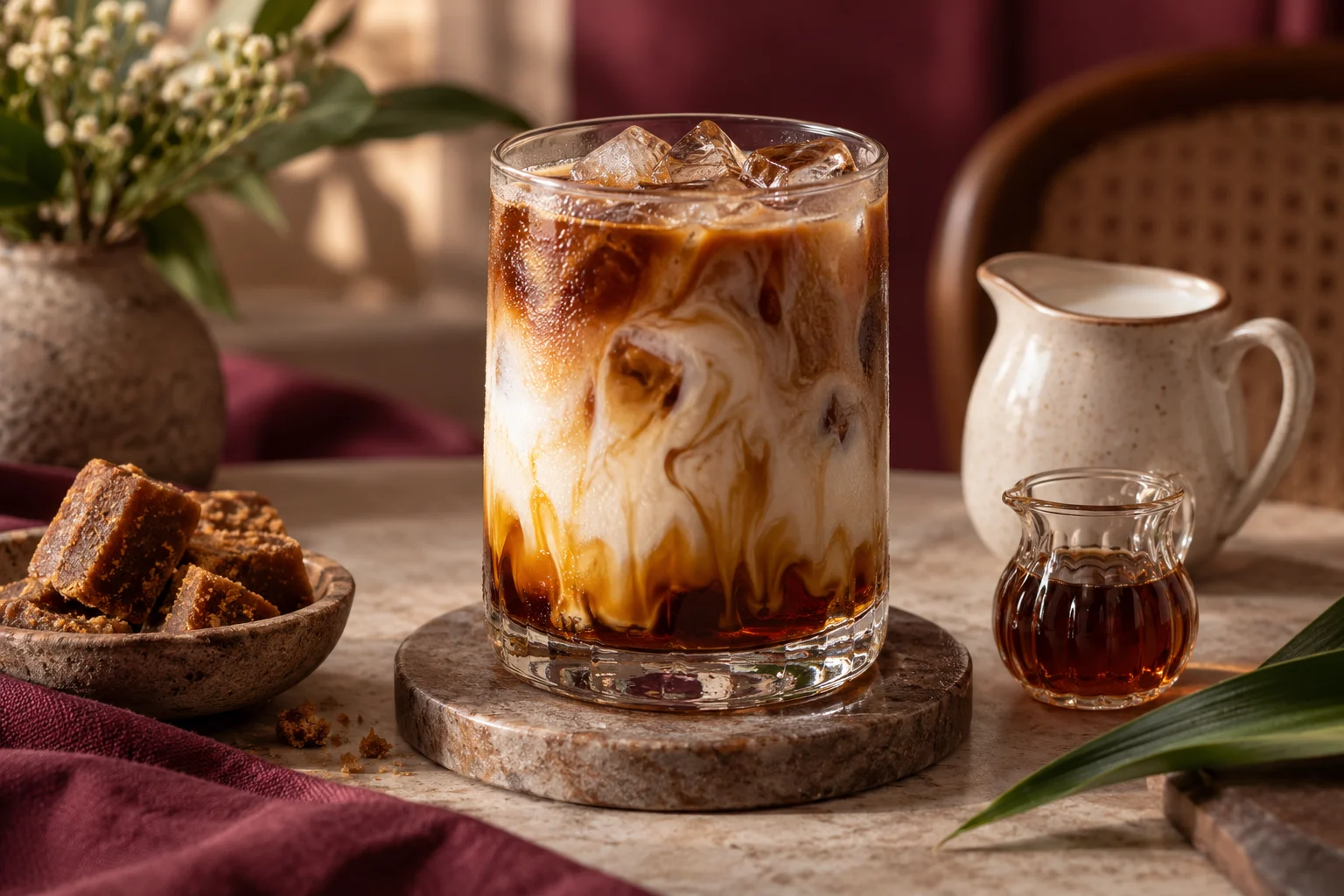 Ilustrasi es kopi susu gula aren dengan susu dan sirup terpisah