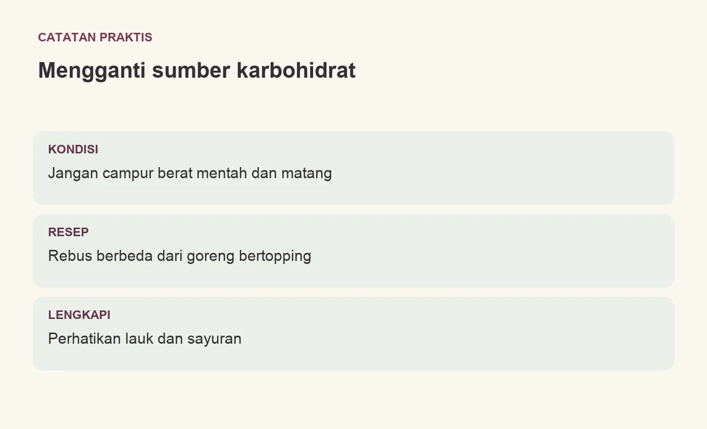 Mengganti sumber karbohidrat. KONDISI: Jangan campur berat mentah dan matang. RESEP: Rebus berbeda dari goreng bertopping. LENGKAPI: Perhatikan lauk dan sayuran