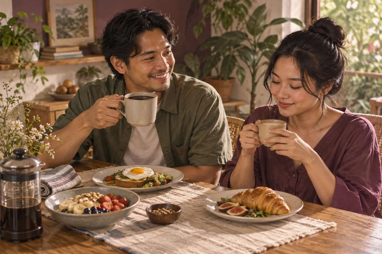 Ilustrasi kopi hitam dan kopi susu kecil di samping sarapan