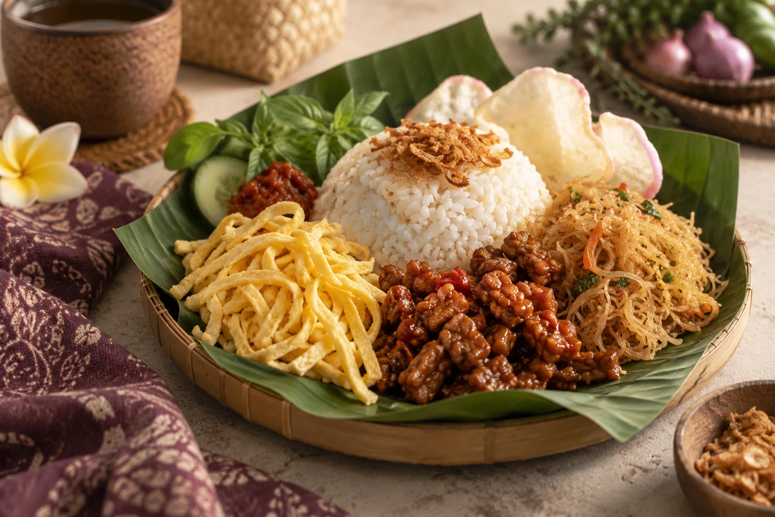 Ilustrasi nasi uduk rames dengan telur suwir, orek, dan bihun