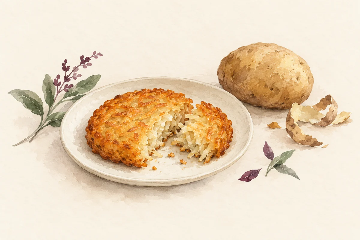 Ilustrasi kalori hashbrown 1 buah dengan nuansa krem, plum, dan sage