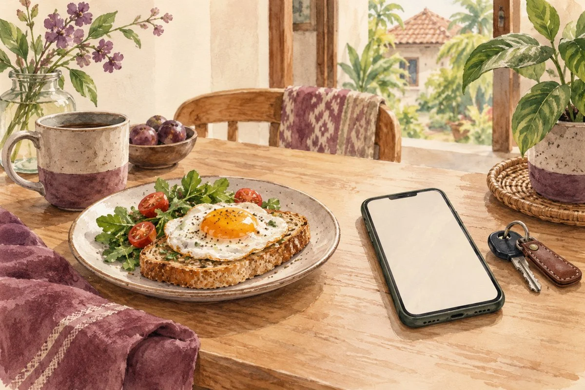Ilustrasi sarapan sederhana dan catatan di ponsel