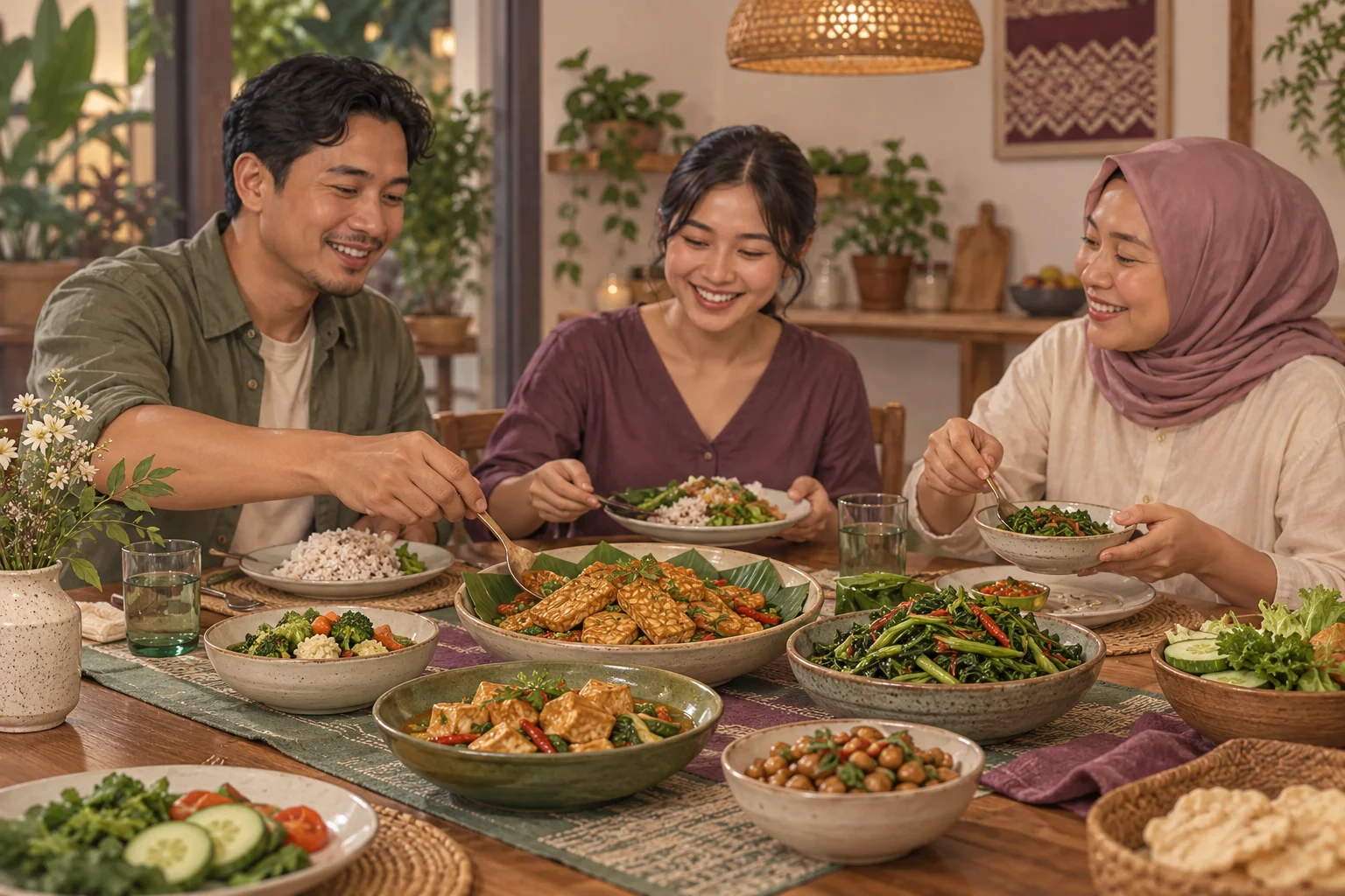 Ilustrasi menu vegetarian dari tempe, tahu, kacang, dan sayur