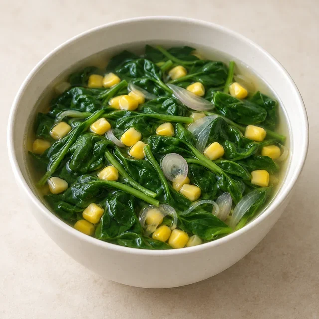 Ilustrasi AI realistis: Sayur Bening Bayam: Pisahkan Bayam, Jagung, dan Kuah