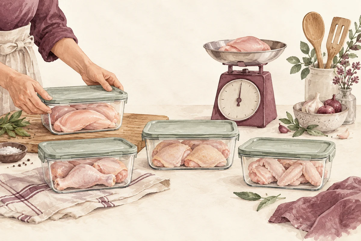 Ilustrasi beli ayam 1 kilogram dengan nuansa krem, plum, dan sage