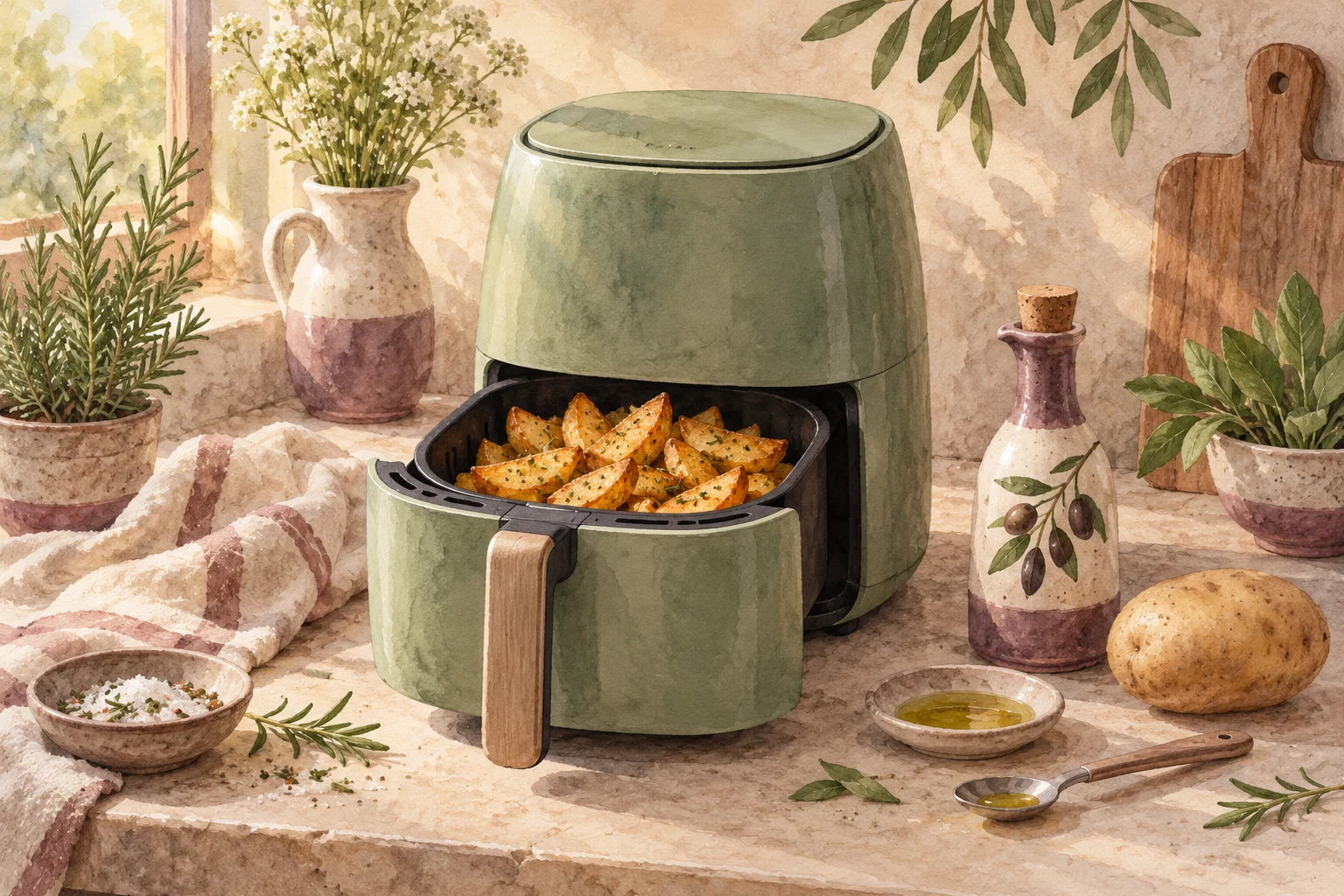 Air fryer dengan kentang keemasan, botol minyak kecil, dan sendok takar
