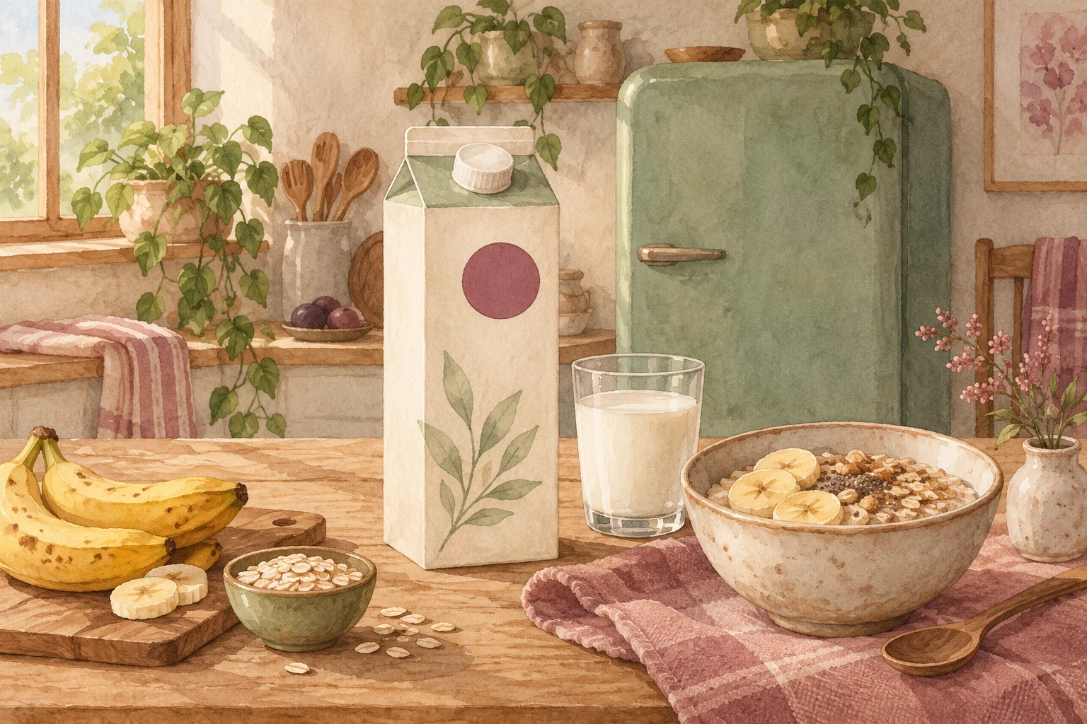 Ilustrasi watercolor kemasan susu tertutup gelas susu dan sarapan di dapur