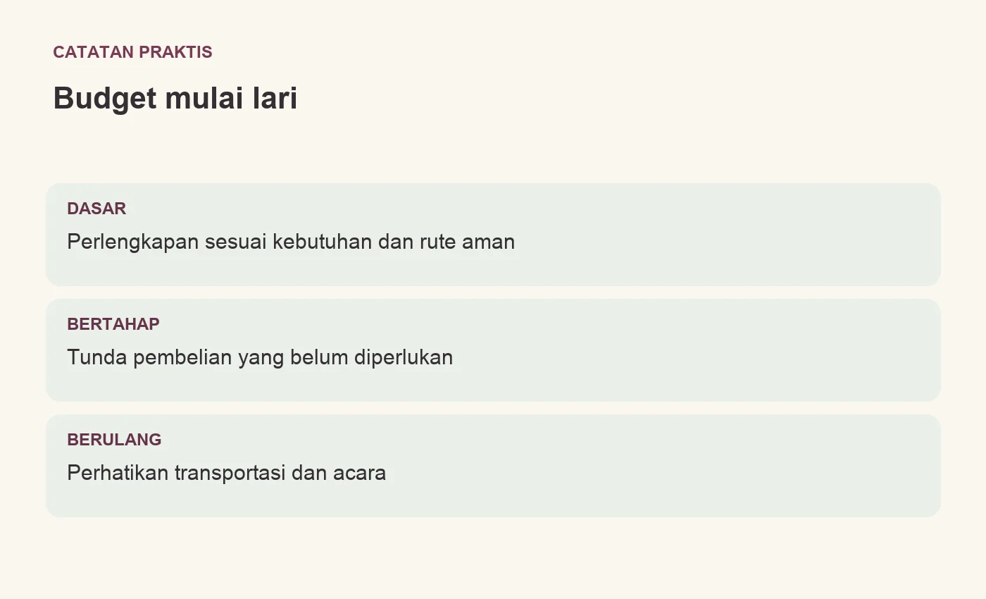 Budget mulai lari. DASAR: Perlengkapan sesuai kebutuhan dan rute aman. BERTAHAP: Tunda pembelian yang belum diperlukan. BERULANG: Perhatikan transportasi dan acara