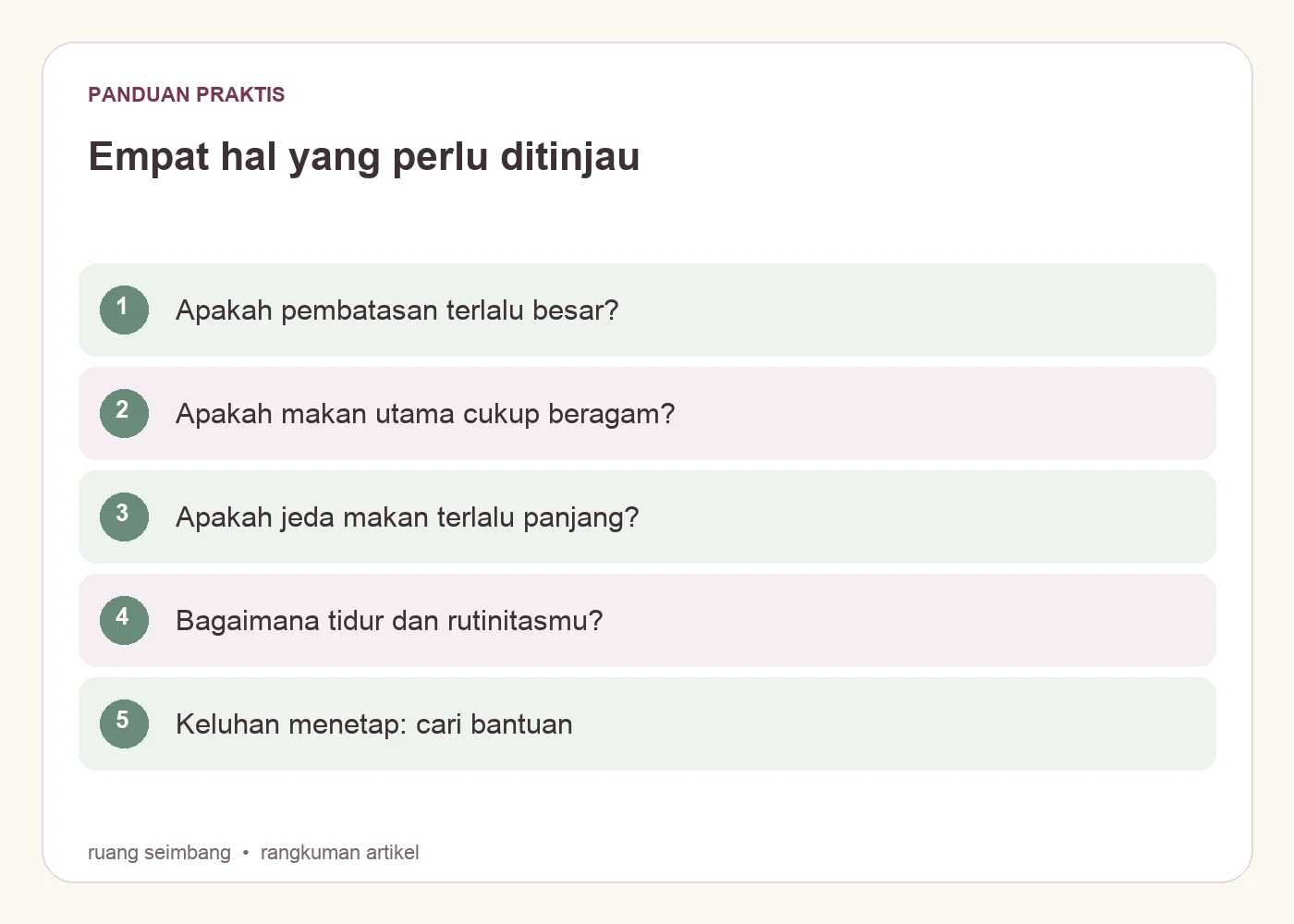 Empat hal yang perlu ditinjau. Apakah pembatasan terlalu besar?. Apakah makan utama cukup beragam?. Apakah jeda makan terlalu panjang?. Bagaimana tidur dan rutinitasmu?. Keluhan menetap: cari bantuan