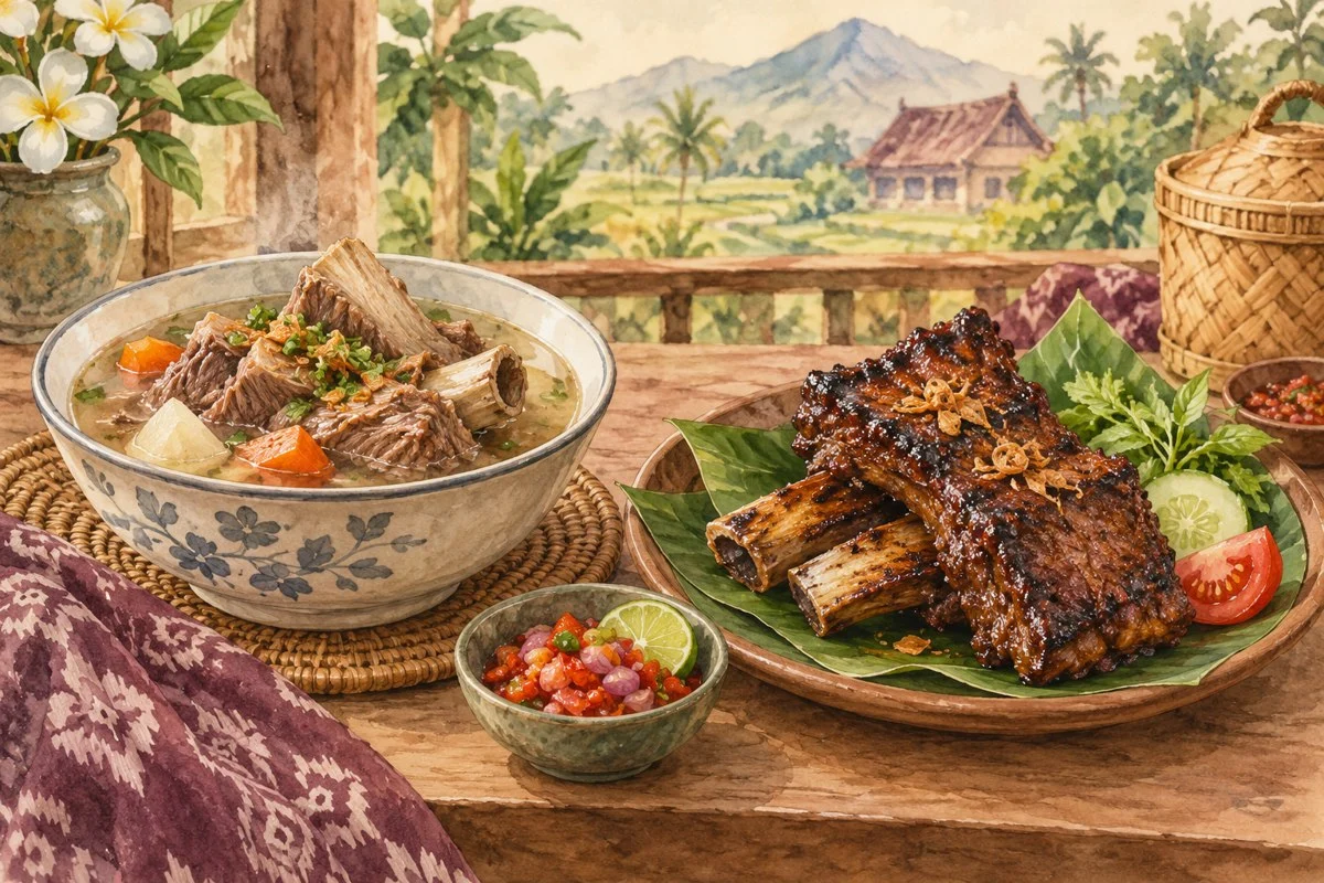Ilustrasi sop iga dan iga bakar dengan tulang serta daging