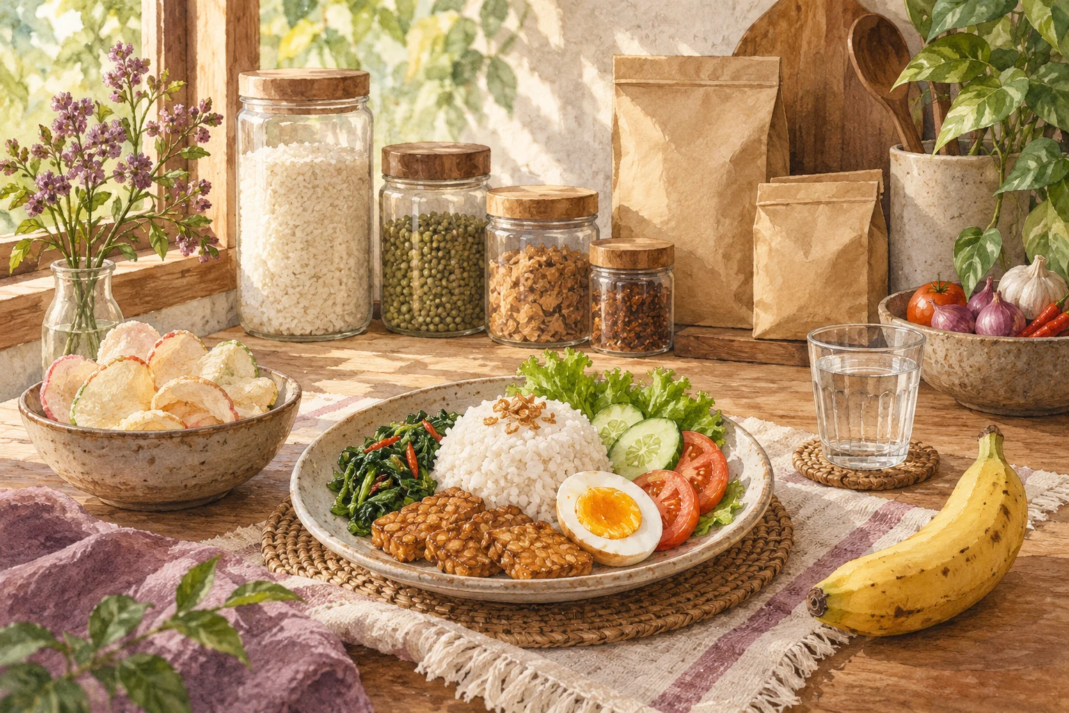 Bahan pangan praktis dan sepiring nasi, telur, tempe, serta sayur dalam satu meja dapur