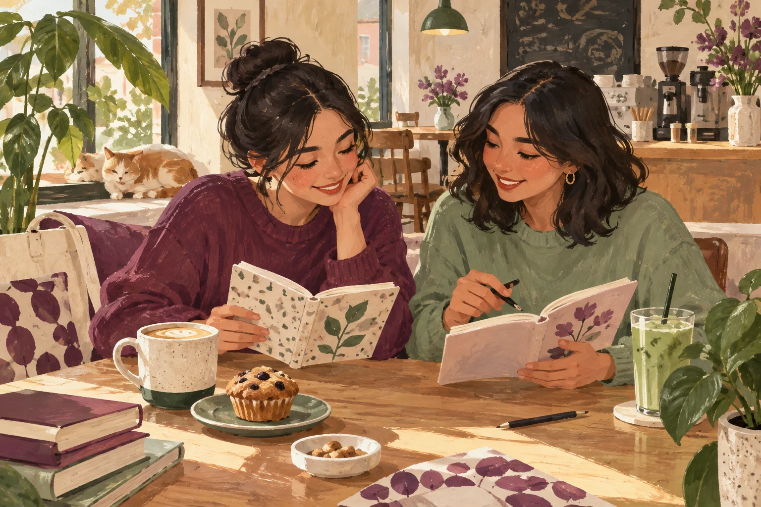 Ilustrasi dua teman berbincang dengan buku catatan kebiasaan