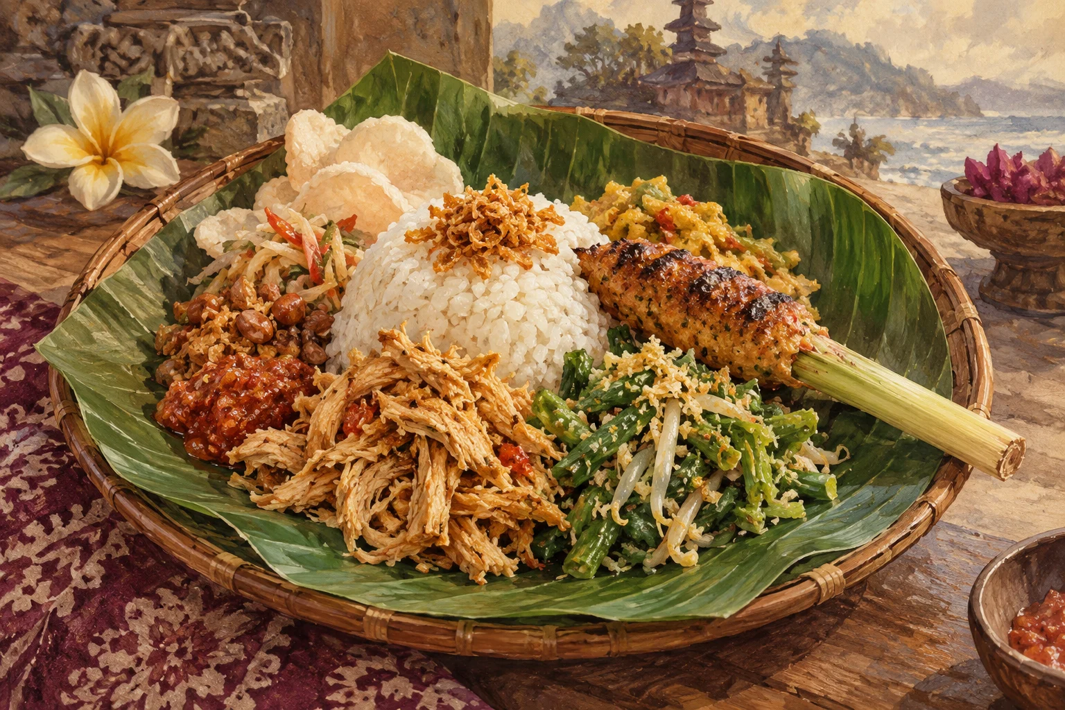 Ilustrasi nasi campur Bali ayam dengan sate lilit dan sayuran